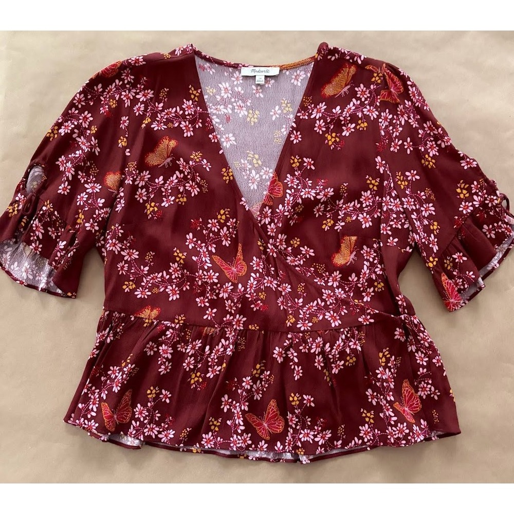 Madewell‎ Floral Butterfly Sanctuary Wrap Blouse Top Size 10 Flutter Sleeve Boho - Picture 3 of 10